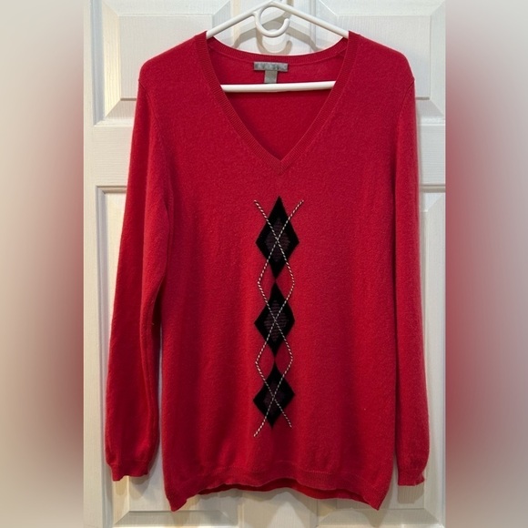 Charter Club 100% Cashmere Sweater Pink Argyle Size L Festive Holiday Preppy - Picture 1 of 7